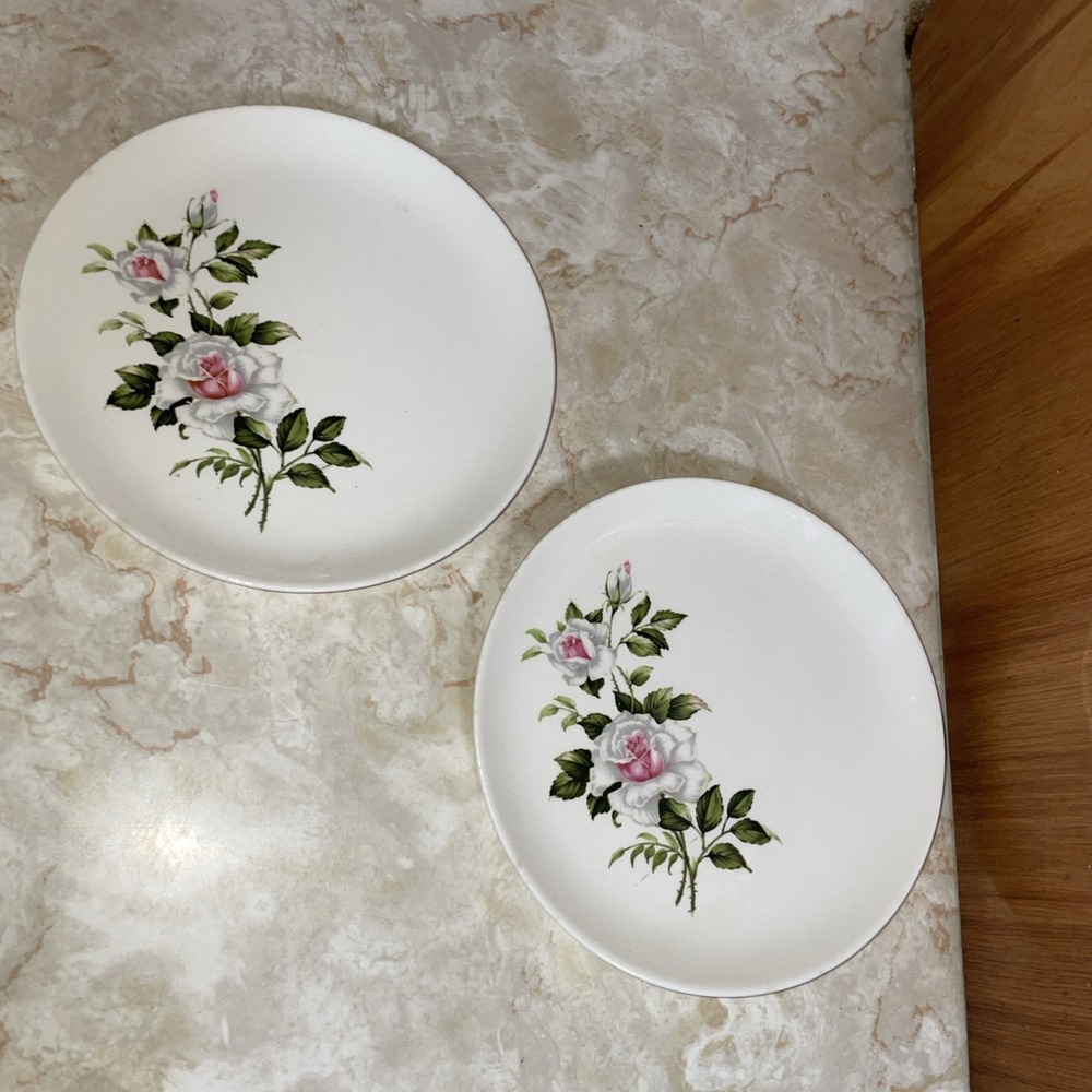 Pair of MINT! Crooksville‎ vintage saucers white roses with leaves, USA I-X